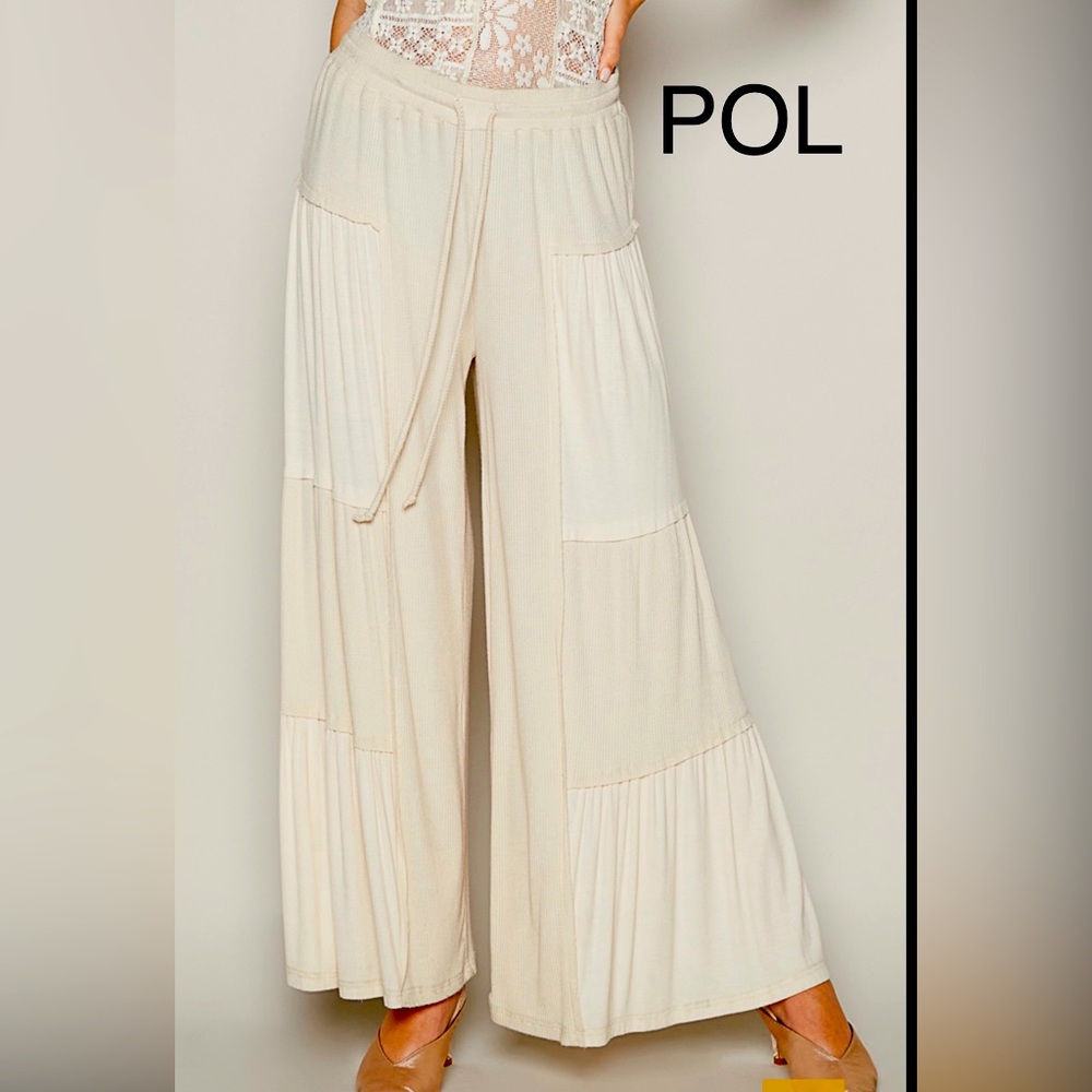 bPB5-1🤍POL perfection in  Cream Wide-Leg Palazzo Pants w.elastic waist+tiers!